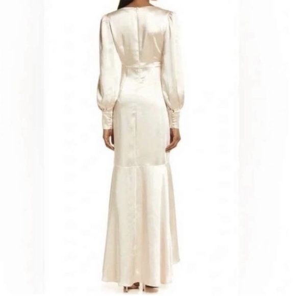 Elliatt XS Aleah Satin Dress Maxi Gown 0154 button cuff trumpet ruffle hi low - Picture 2 of 16